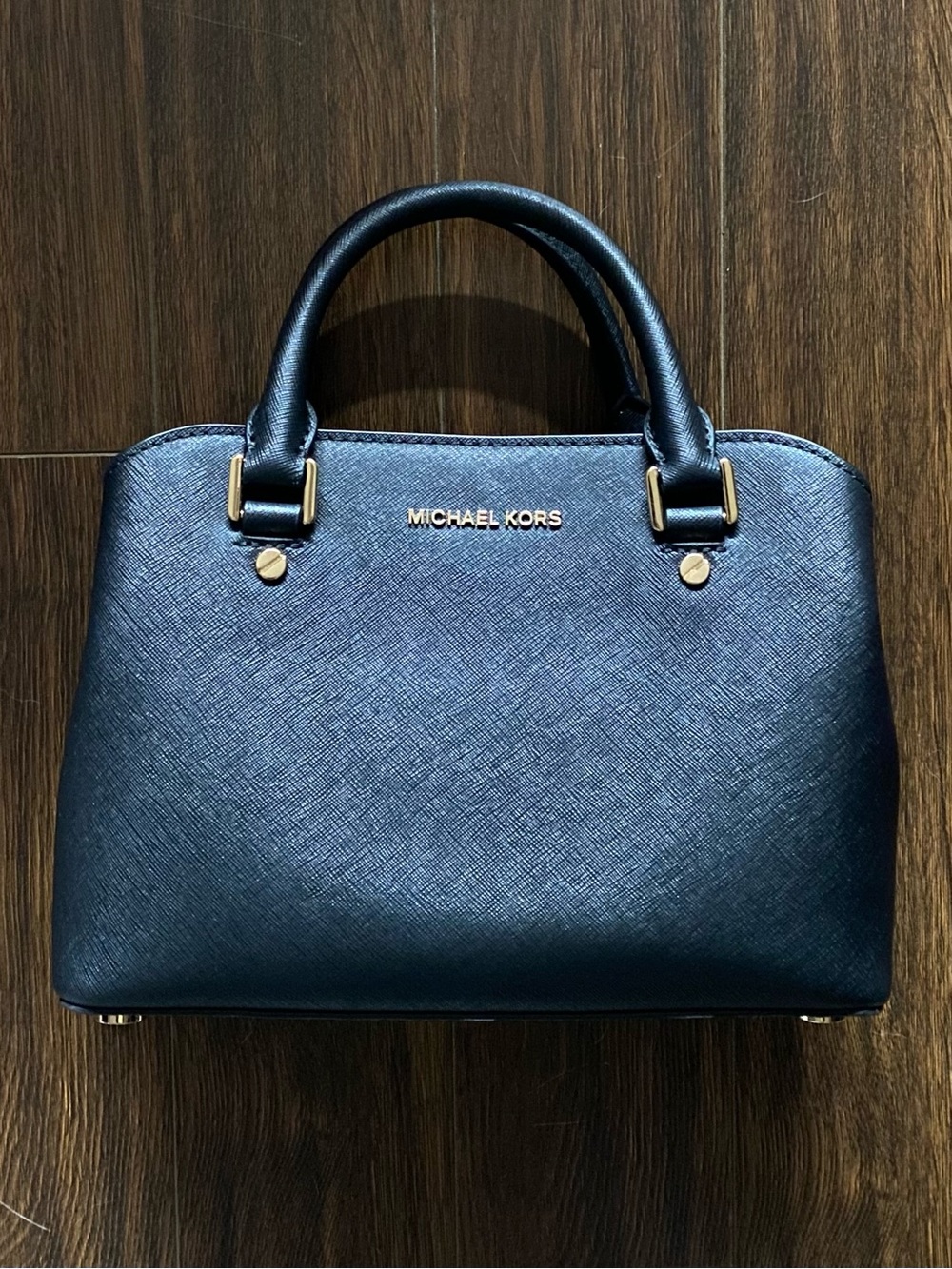 Michael Kors Dark Navy Saffiano Leather Satchel with Gold Hardware